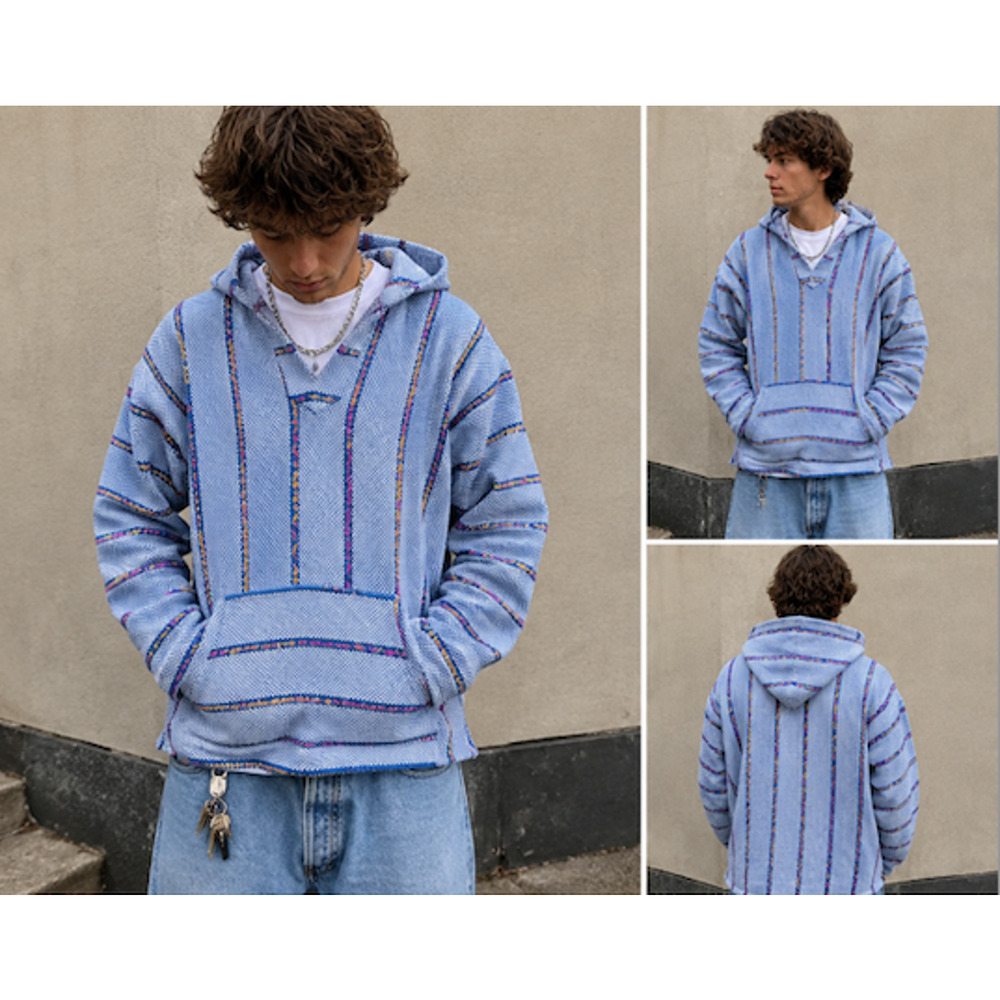 Vintage Stüssy Baja Hoodie Blue White Striped Pullover Surf Skate Y2K S